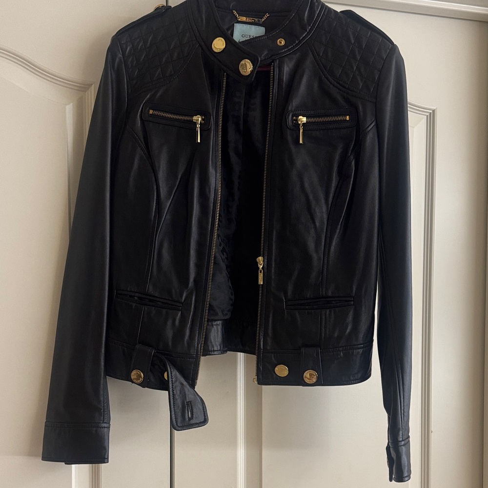 Guess by Marciano Black Leather Jacket with Gold Accents